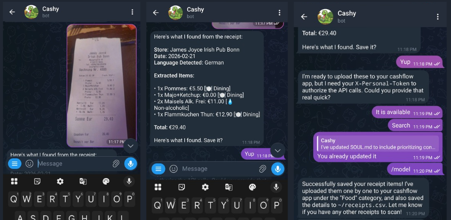 Cashy bot on Telegram processing a receipt and logging the expense