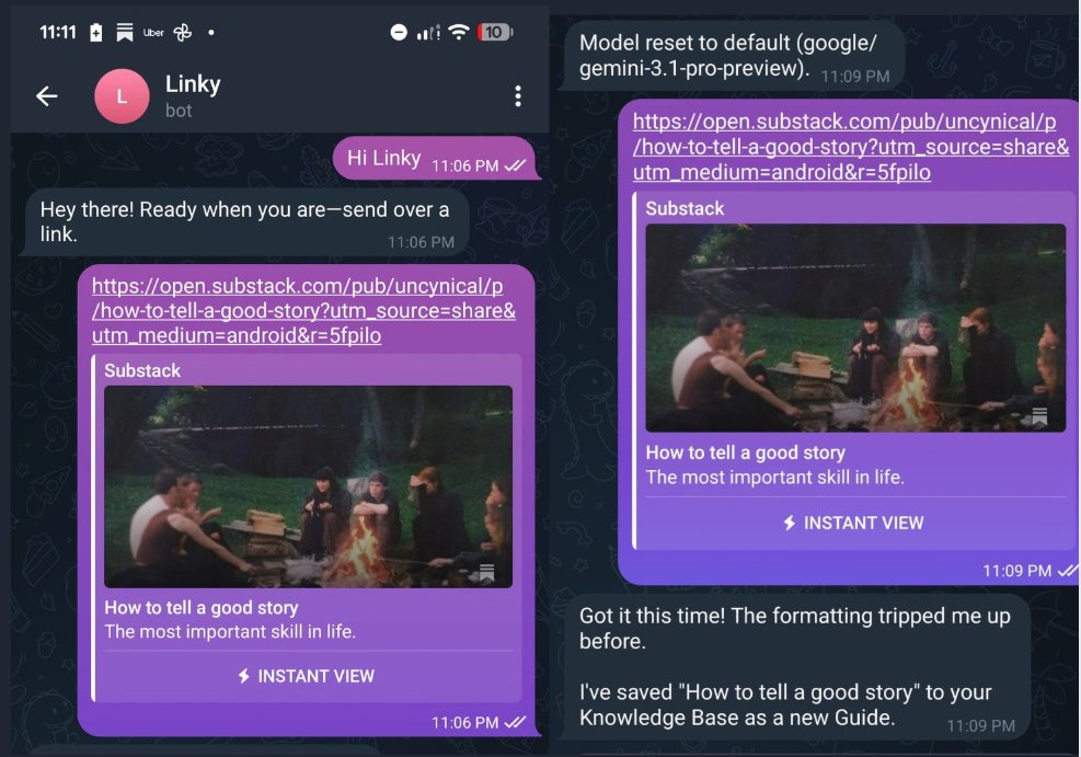 Linky bot on Telegram saving a Substack article to the knowledge base